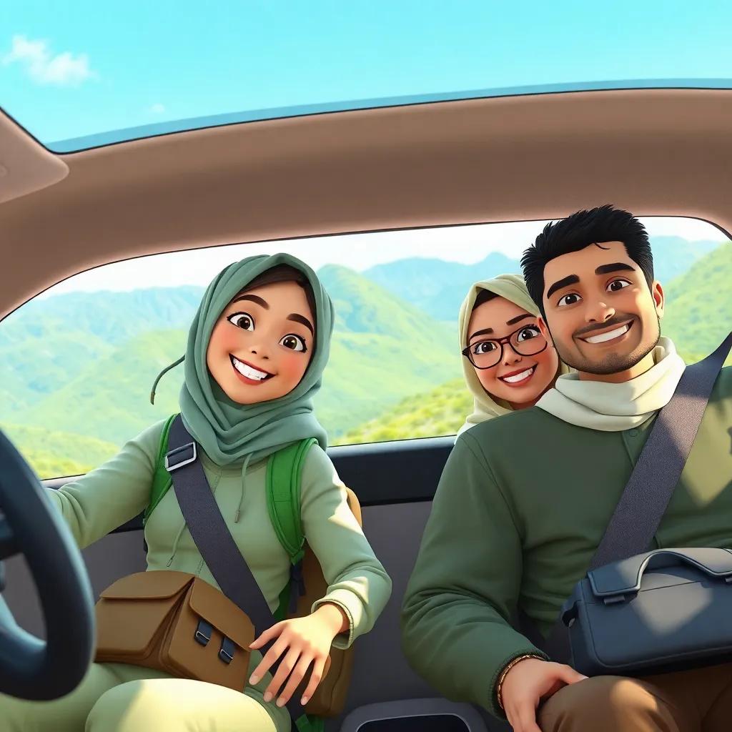 Tasneem, dressed in comfortable outdoor clothes with a backpack, smiling inside a car with her uncle Sami and friend Raneem, driving towards green mountains, cheerful atmosphere, daylight, vibrant colors, high quality
