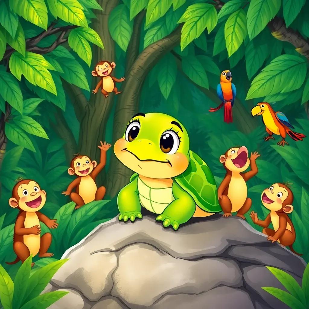 A small turtle, Timo, with a green shell and big curious eyes, sitting on a rock in a vibrant green forest, surrounded by laughing monkeys and singing parrots, detailed illustration, bright colors, cheerful atmosphere, high quality