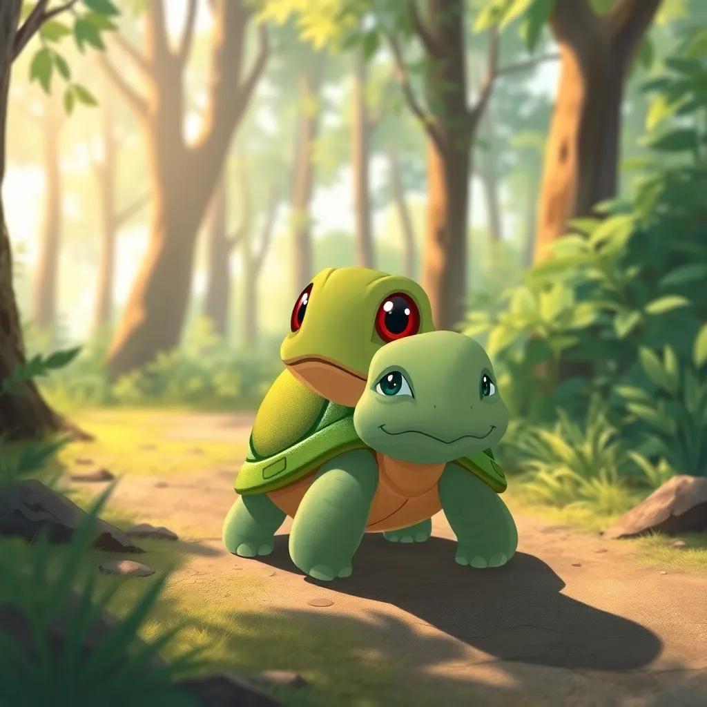 A small turtle, Timo, with a green shell and big curious eyes, walking slowly in a sunny forest, leaving his noisy friends behind, looking determined and focused, detailed digital art, warm and inviting light, exploration theme, high quality