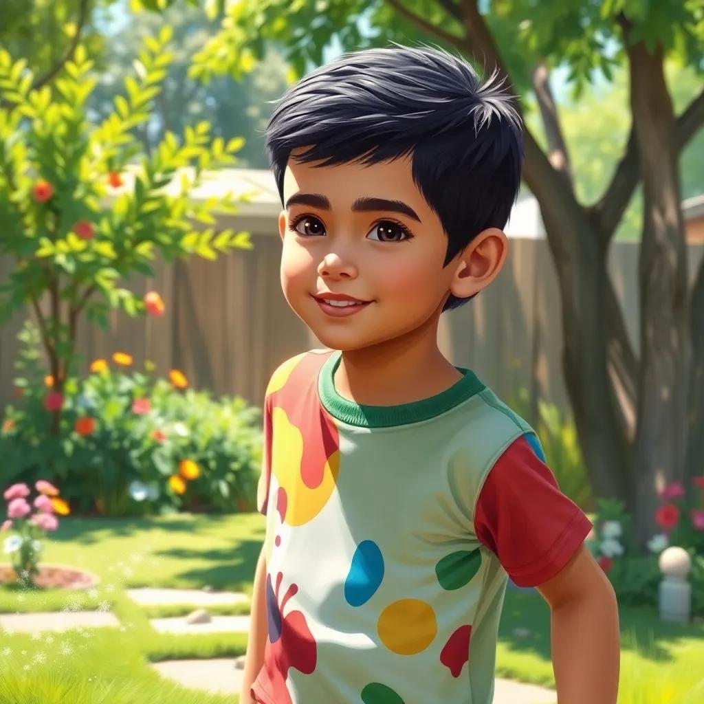 A young Arab boy, Ali, with short black hair, wearing a colorful T-shirt and shorts, playing in a green backyard with trees and flowers, in a sunny day, digital art, bright colors, cheerful atmosphere, high quality