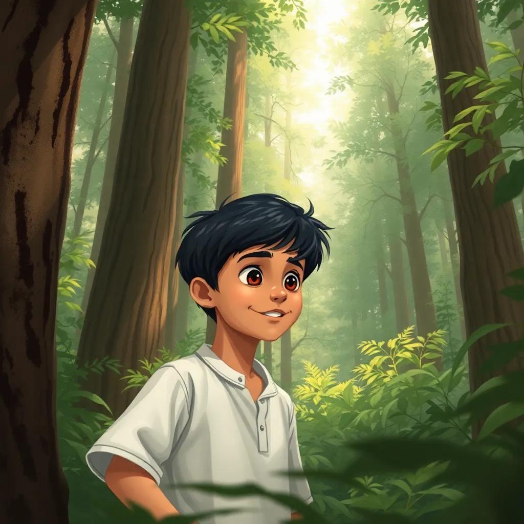 A young Arab boy, Ali, with short black hair, exploring a dense forest with tall trees, looking excited and curious, soft sunlight filtering through leaves, adventure-themed, detailed illustration, high quality