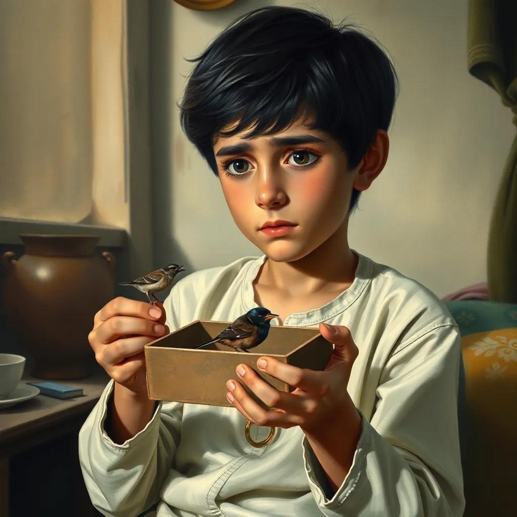 Ali, a young Arab boy with short black hair, holding a small fallen bird in a box, sitting at home with concern on his face, warm light, cozy atmosphere, heartwarming scene, high quality