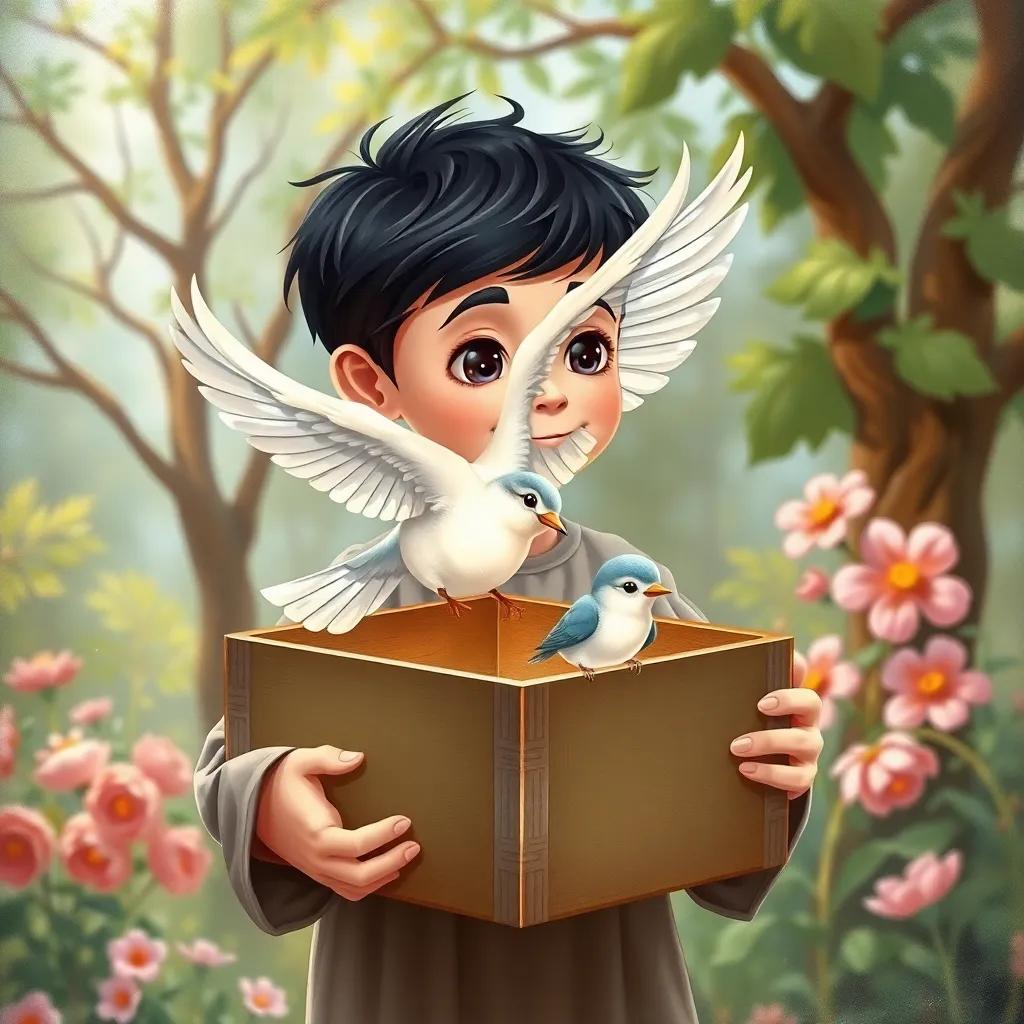 A small bird flapping its wings in a box held by Ali, a young Arab boy with short black hair, with a background of trees and flowers, bright colors, positive energy, child-friendly illustration, high quality
