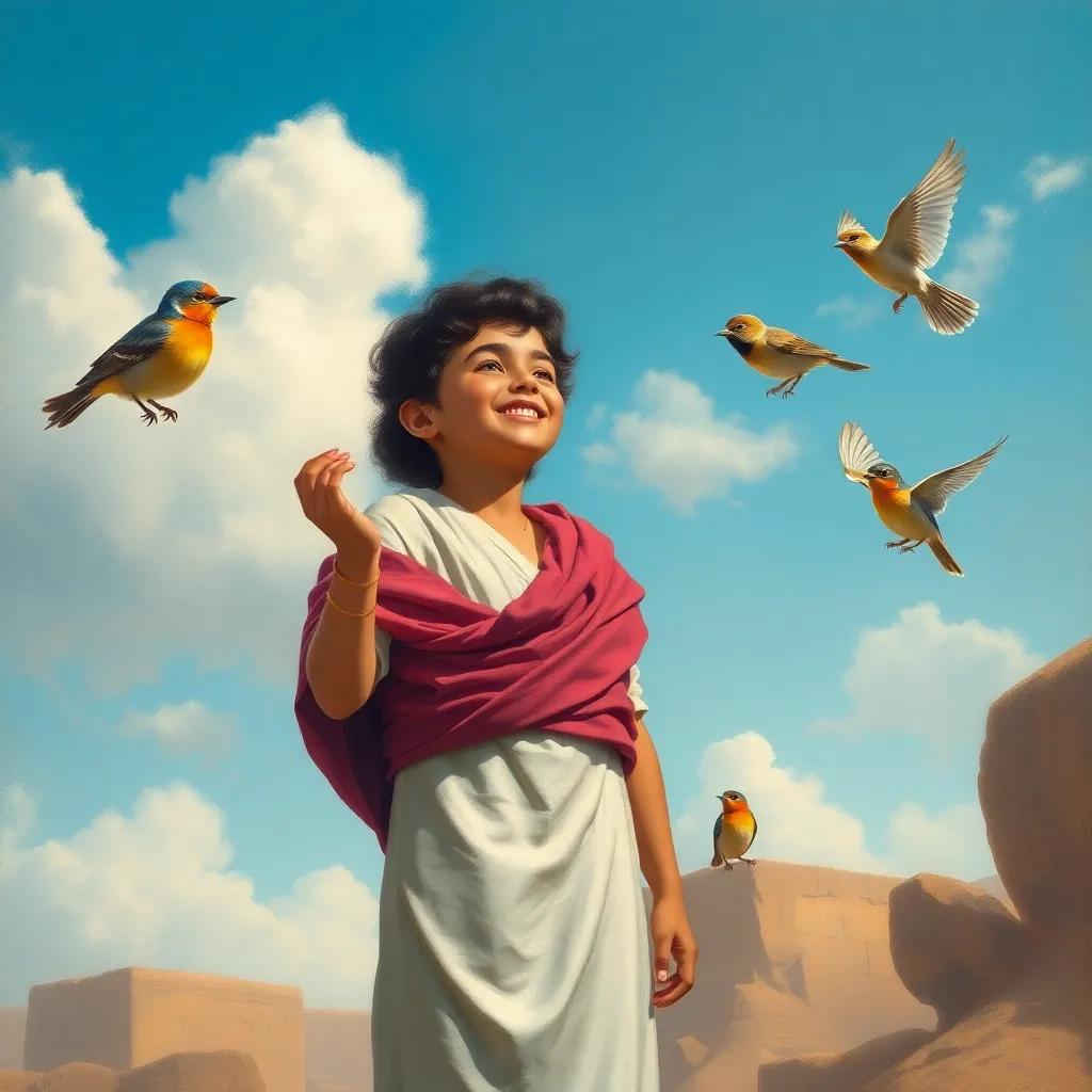 A young Arab boy, Ali, standing with joyful expression as the little bird sings with other birds, under clear blue sky with clouds, celebrating friendship and love for homeland, vibrant colors, uplifting scene, high quality