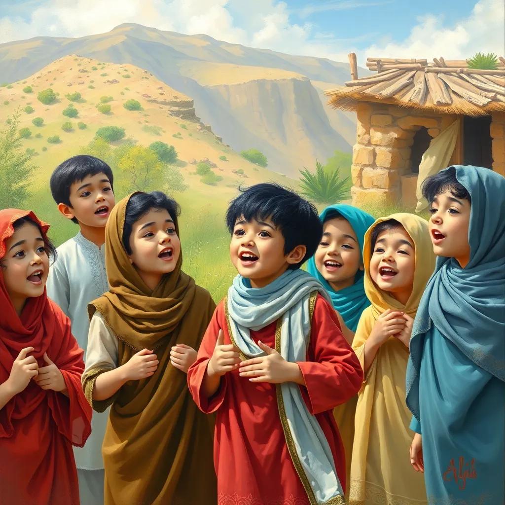 A group of children in a village, singing with joy about their homeland, led by Ali, a young Arab boy with short black hair, surrounded by nature, colorful and lively, child-friendly scene, high quality
