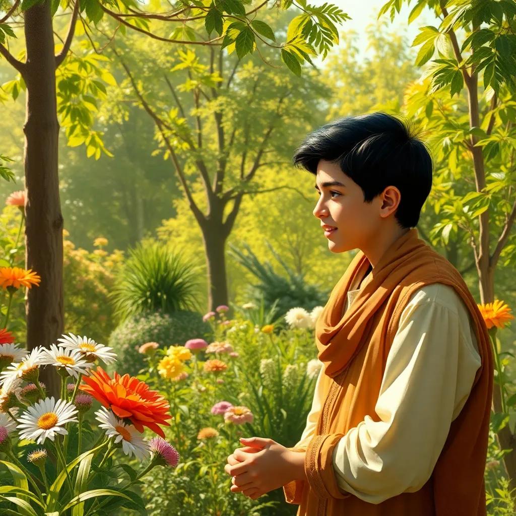Ali, a young Arab boy with short black hair, talking to friends about caring for trees and flowers, with enthusiasm, in a background of lush garden, warm sunlight, friendly atmosphere, high quality