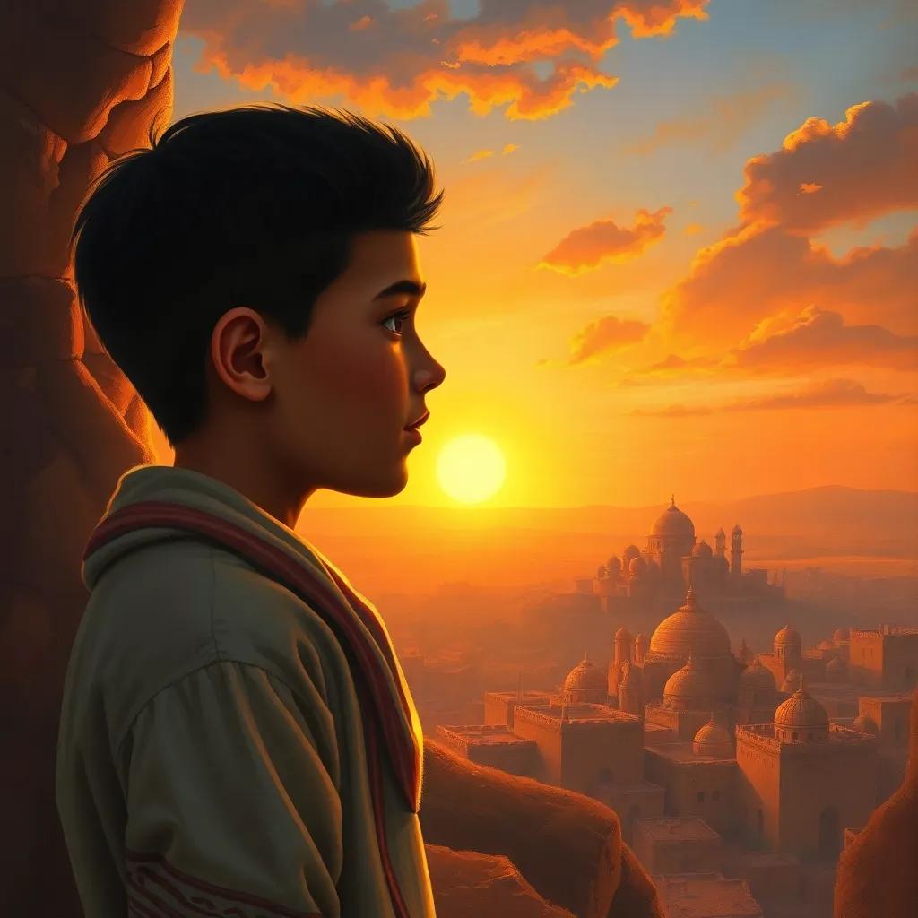 A heartfelt scene of Ali, a young Arab boy with short black hair, looking out at a sunset over his village, feeling proud and full of love for his homeland, warm tones, emotional, high quality