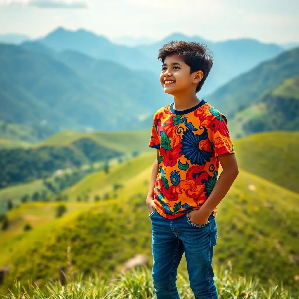 A young Arab boy, Ali, with short black hair wearing a colorful t-shirt and jeans, standing on a green hill, looking excitedly at the mountains in the background, vibrant landscape, cheerful atmosphere, bright sunlight, high quality