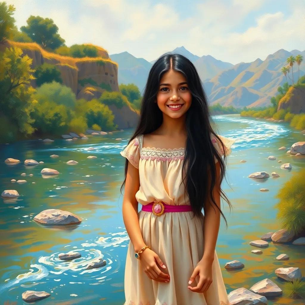 A young Arab girl, Nora, with long, black hair wearing a lovely dress, standing by a sparkling river, smiling at Ali while enjoying the beautiful natural surroundings, colorful scenery, peaceful, playful energy