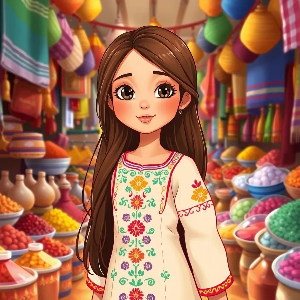 A girl, Hessa, with long brown hair, wearing a traditional UAE dress with colorful embroidery, standing in a vibrant traditional market filled with spices and fabrics, detailed digital art, bright colors, lively atmosphere, high quality