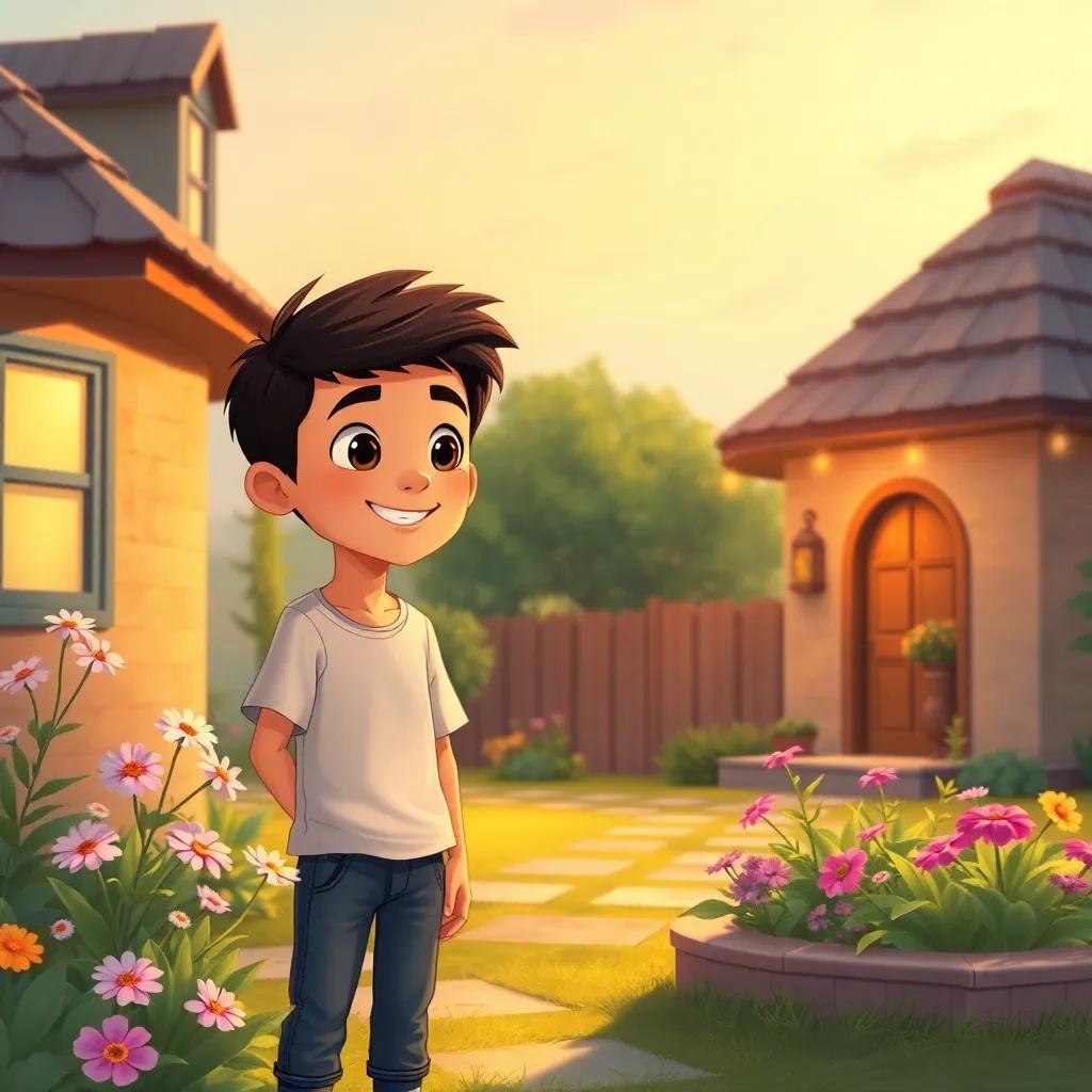 Hamad, a young Arab boy with short dark hair, wearing a simple t-shirt and jeans, standing next to his home, a cozy house with flowers in the garden, feeling secure and happy, illustration, vibrant colors, warm light, storytelling view, high quality