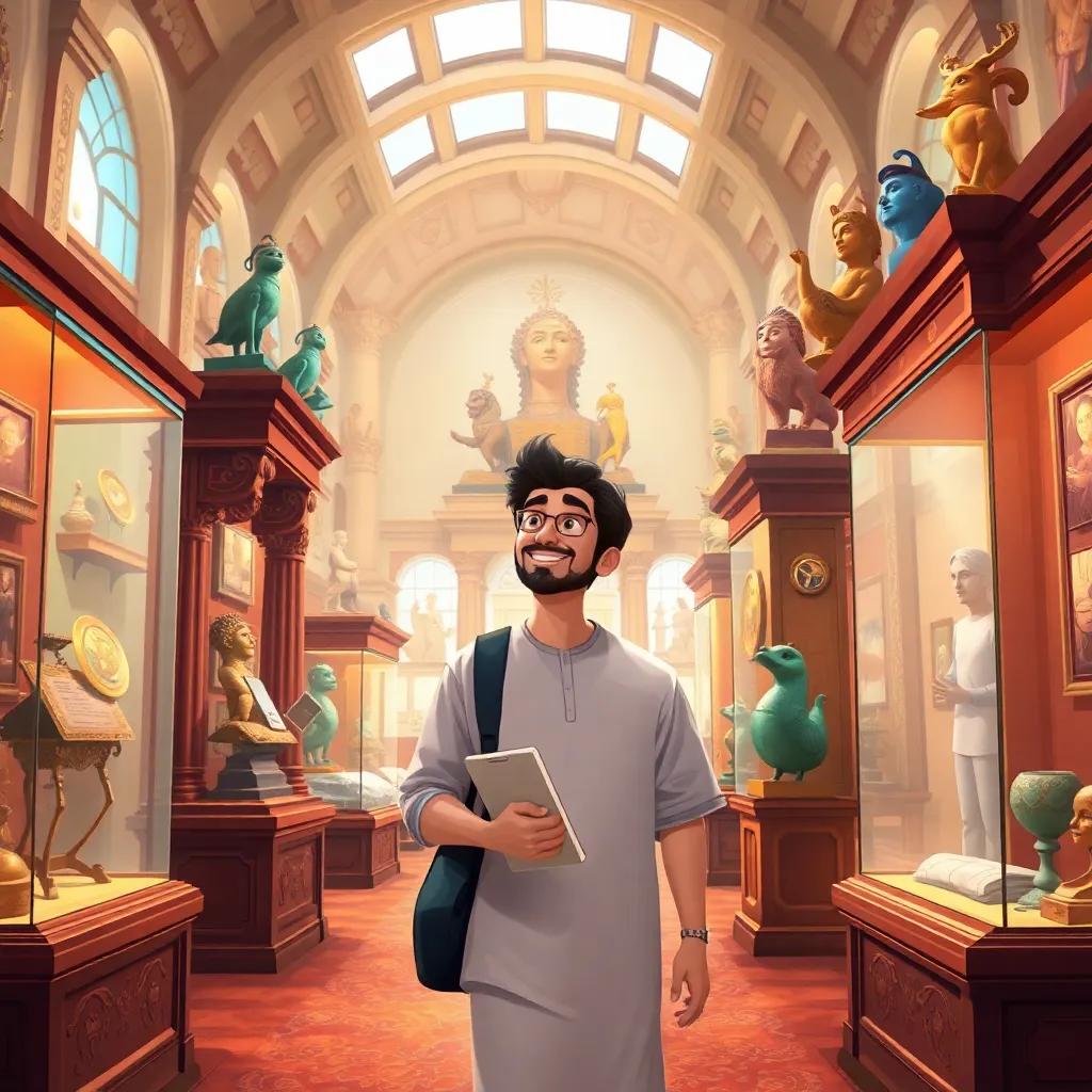 Hamad walking into a lively museum, filled with beautiful artifacts and heritage exhibits, looking amazed, his notebook in hand, digital painting, colorful, rich details, cheerful atmosphere, high quality