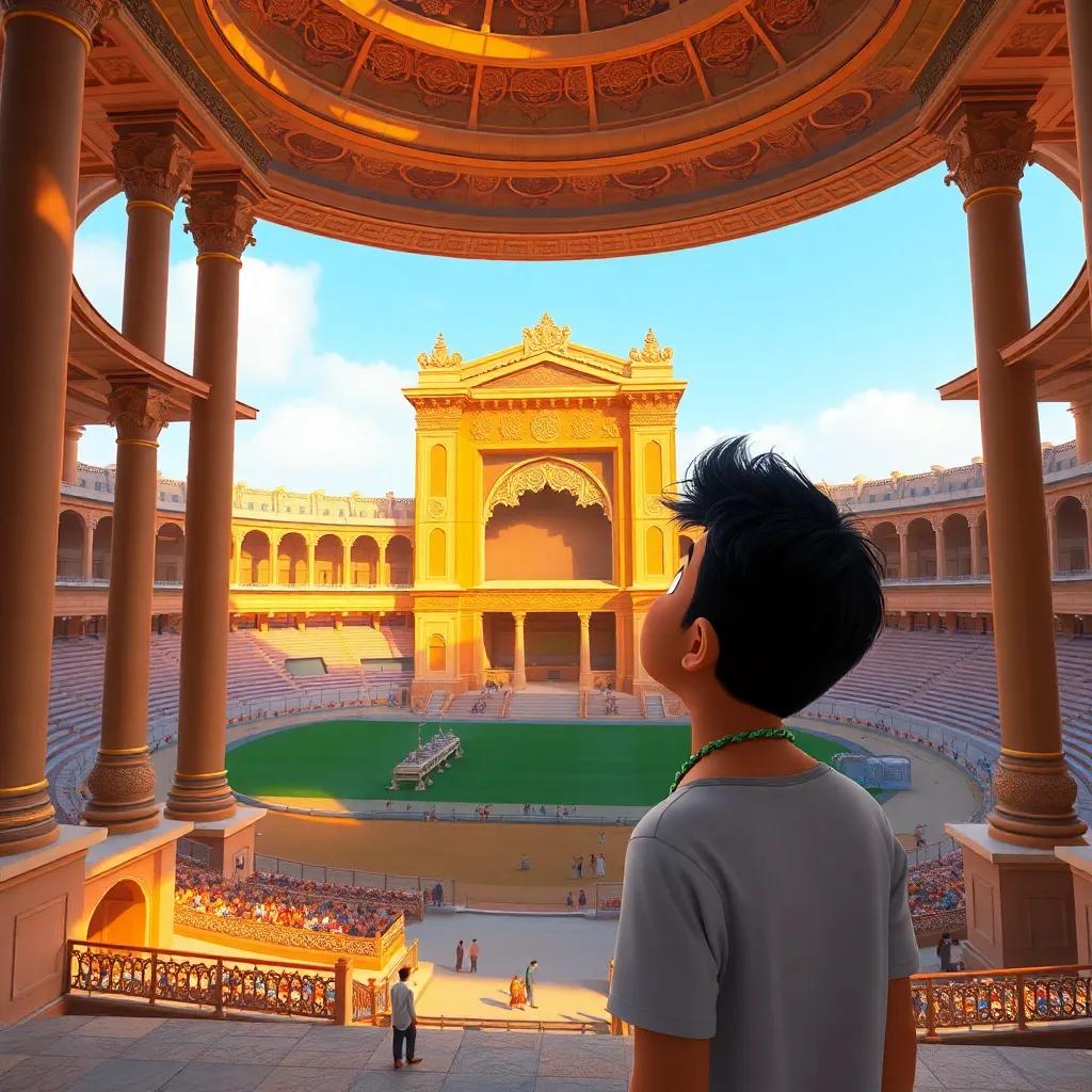 A majestic view of the historical stadium, with tall columns and intricate designs, Hamad admiring it, his eyes wide with wonder, digital art, warm light, vibrant scene, inviting view, high quality