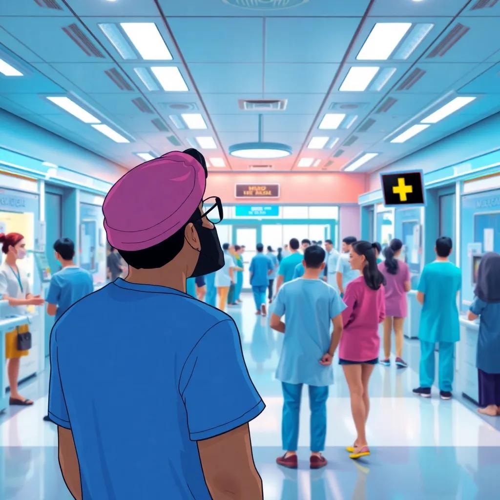 A modern medical center bustling with activity, Hamad watching as people are cared for, feeling inspired, digital painting, bright colors, cheerful scene, uplifting atmosphere, high quality