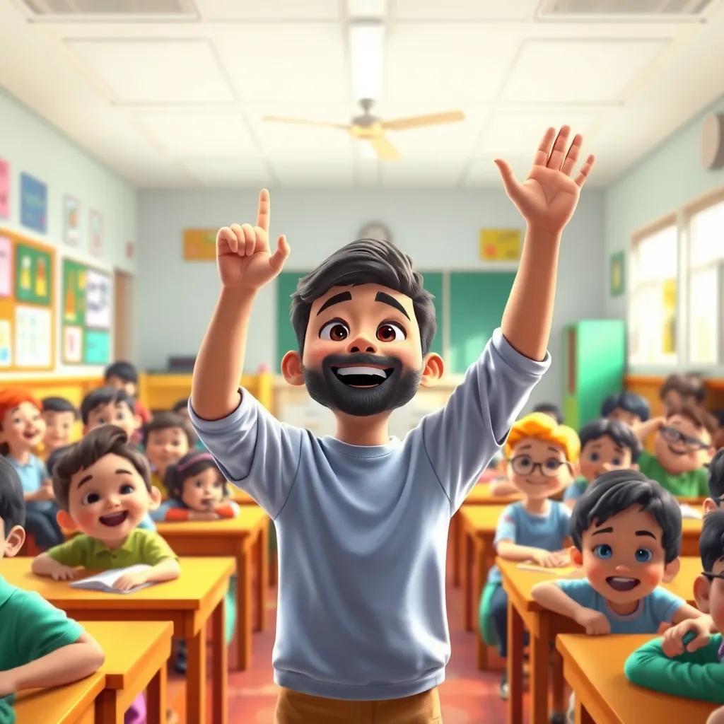 Inside a bright, lively classroom filled with children learning and laughing, Hamad raising his hand eagerly, digital art, colorful and inviting, joyful environment, high quality