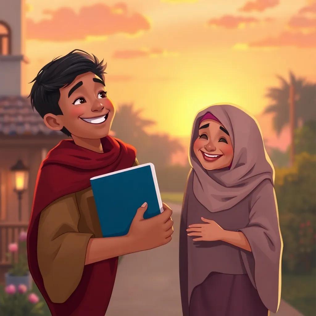 Hamad smiling proudly as he returns home, holding his notebook close, sunset backdrop, his mother greeting him with warmth, digital painting, soft colors, heartwarming scene, high quality
