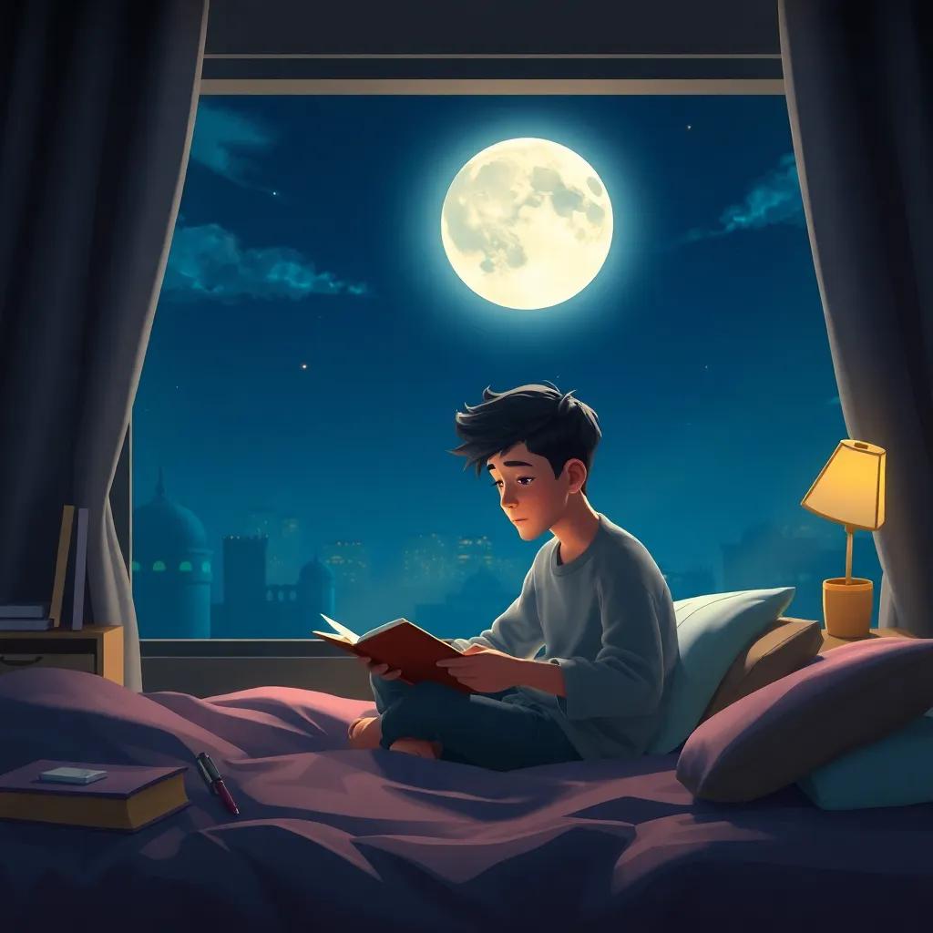 Hamad sitting in his room at night, writing in his notebook by moonlight, imagining a bright future, digital art, dreamy atmosphere, cool colors, inspiring scene, high quality