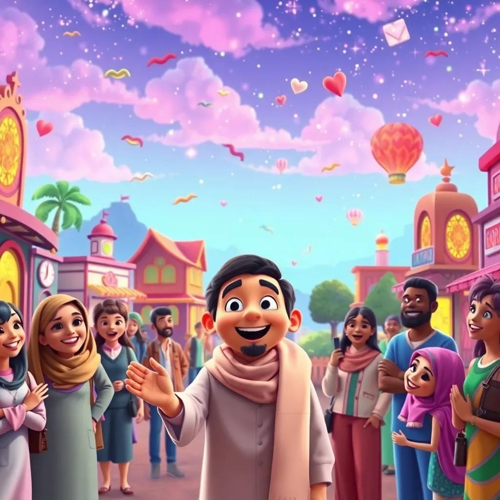 A dreamlike scene of Hamad visiting all the places he loves, smiling people in various outfits welcoming him, digital painting, vibrant colors, joyful atmosphere, imaginative view, high quality