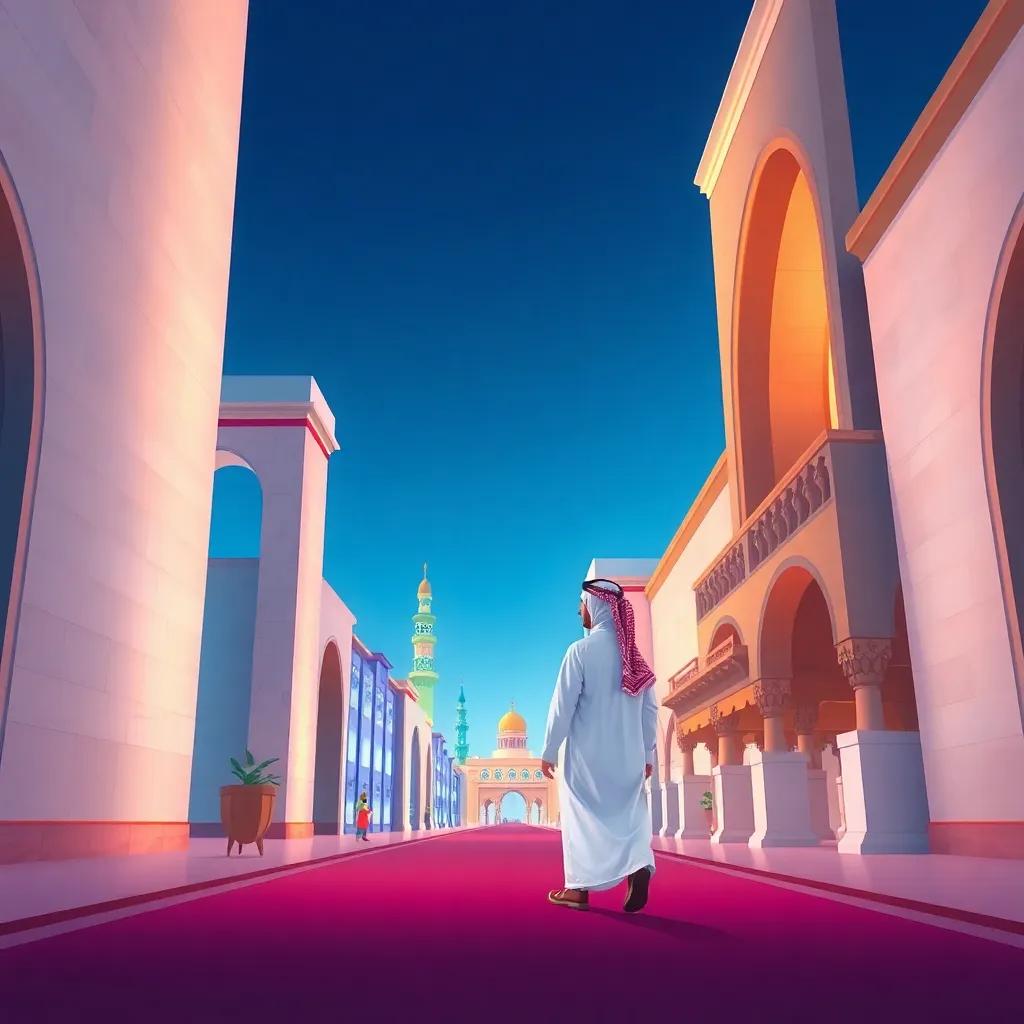 An artistic representation of the beauty of Qatar’s architecture, blending traditional and modern styles, with Hamad walking in awe, vibrant colors, inviting atmosphere, high quality