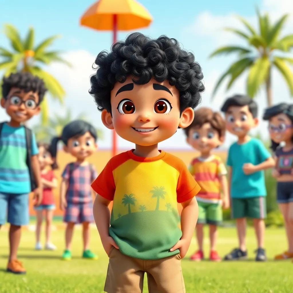 A young Arab boy, Hamad, with curly black hair wearing a colorful t-shirt and shorts, standing in a sunny playground with friends, discussing water conservation, cheerful atmosphere, digital art, vibrant colors, child-friendly, high quality