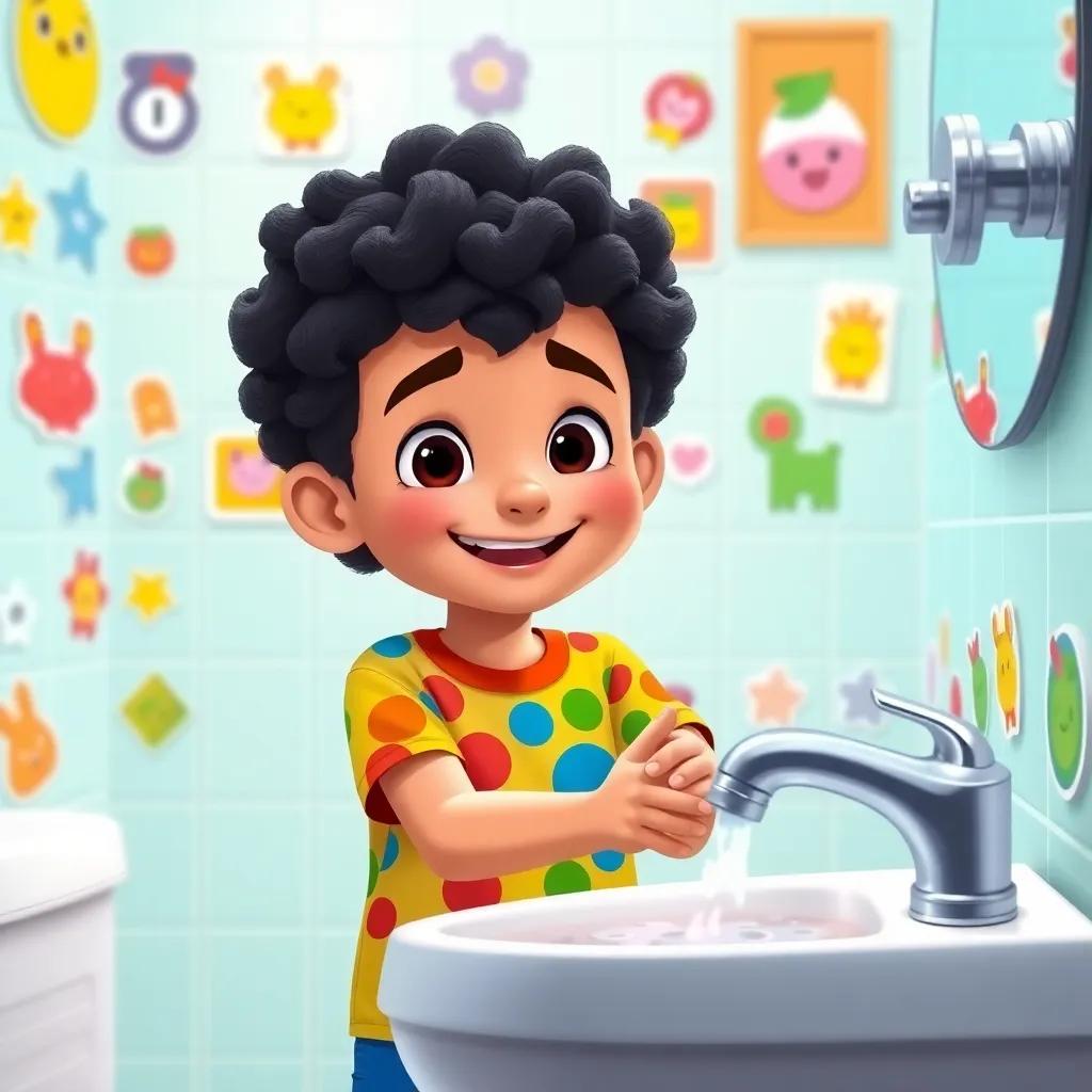 Hamad, a young Arab boy with curly black hair in a colorful t-shirt, washing hands, turning off the tap with a big smile, in a bright bathroom full of fun stickers, cartoon style, inviting colors, engaging imagery, high quality
