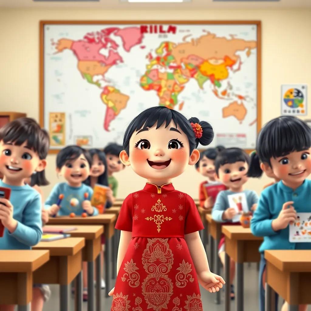 A classroom with a large map on the wall, students showing their cultural items excitedly, focus on a cheerful Asian girl, a traditional red dress, other children with cultural items, digital art, lively colors, engaging perspective, high quality
