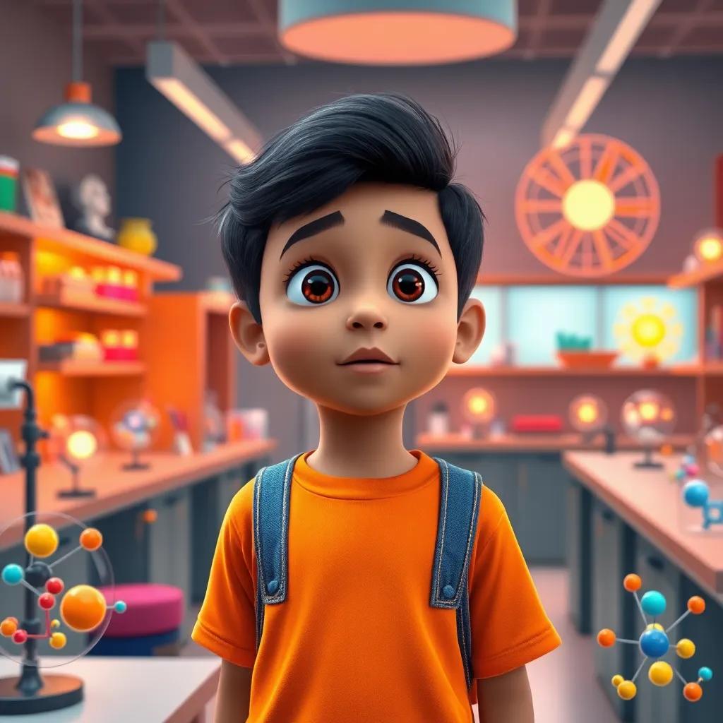 Khaled, a young Arab boy with short black hair, wearing jeans and a bright t-shirt, looking amazed in a science lab filled with models of atoms, vibrant colors, warm light, educational view, inviting ambiance