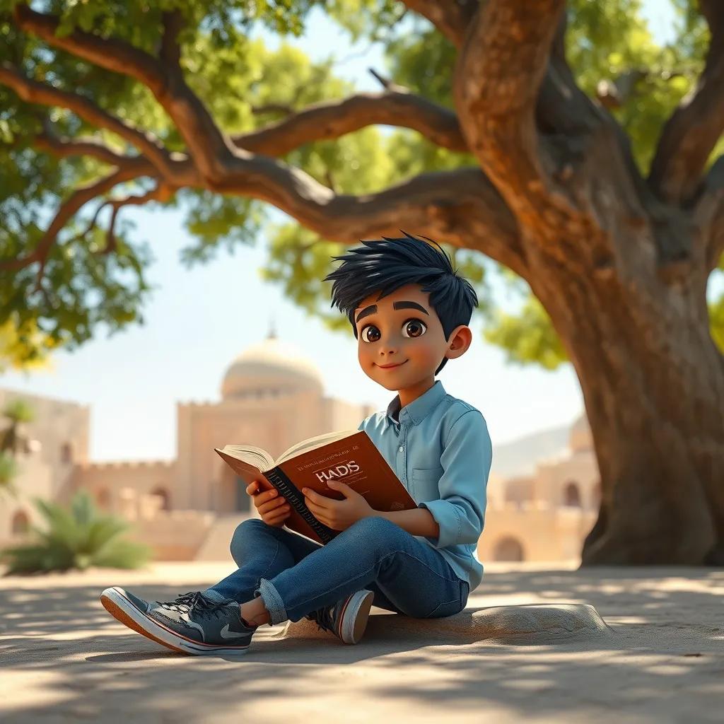 A young Arab boy, Khalid, with short black hair, wearing a light blue shirt and jeans, sitting under a large tree with a book in his lap, sunny day at the historical site of Badr, exploration atmosphere, digital art, bright colors, engaging scene, high quality