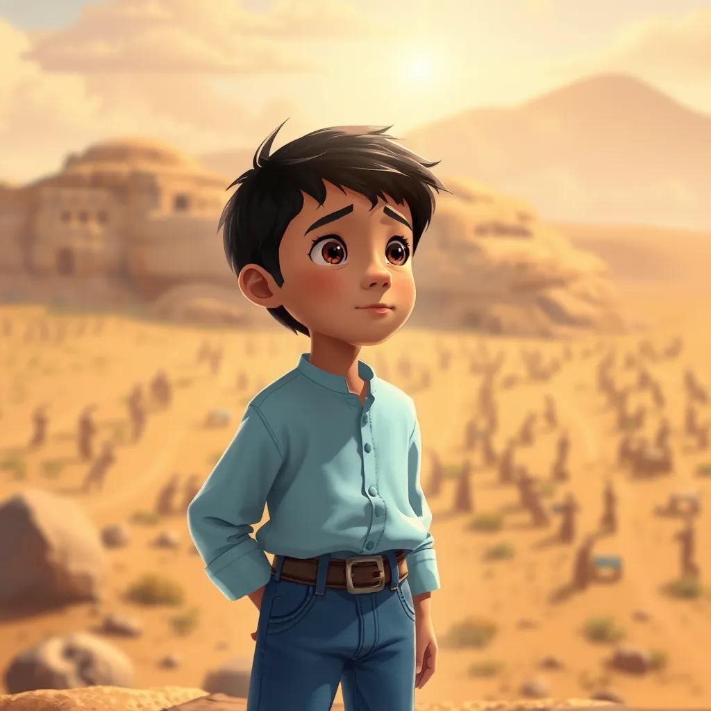 Khalid, a young Arab boy with short black hair, standing at the battlefield of Badr, wearing a light blue shirt and jeans, looking towards the horizon, imagining the past events, historical insight, illustration, warm sunny light, vibrant colors, child-friendly