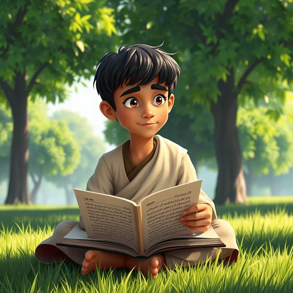 Khalid, a young Arab boy with short black hair, sitting on the grass with an open book, surrounded by lush green trees, reading about the strategies of the Battle of Badr, peaceful setting, colorful, bright light, thoughtful mood