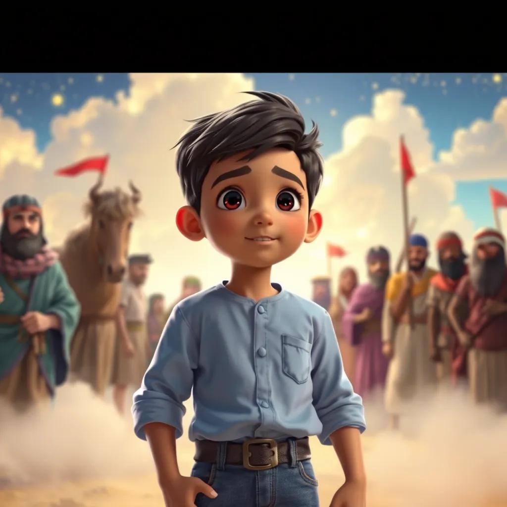 Khalid, a young Arab boy with short black hair, imagining the courageous companions, wearing a light blue shirt and jeans, in a dreamy scene with historical figures around him, vibrant colors, fantasy feel, expressive