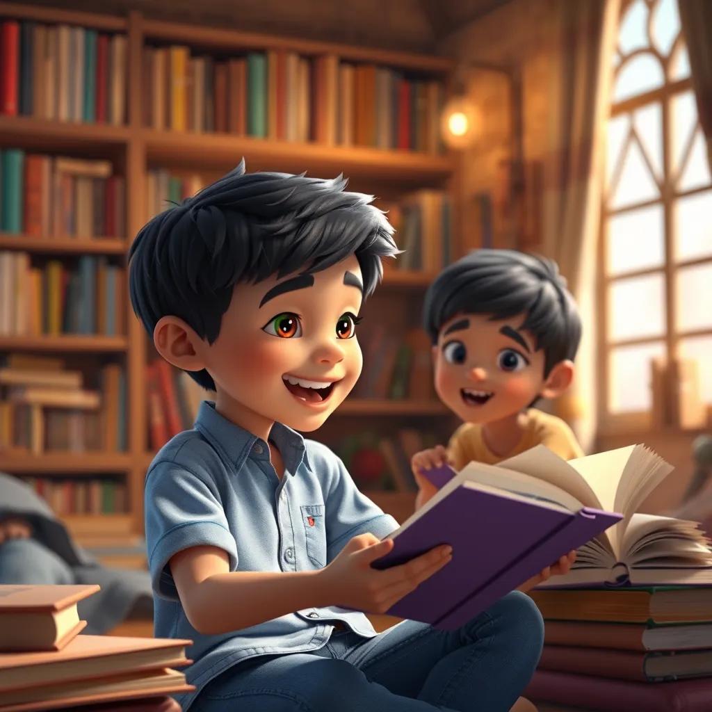 Khalid, a young Arab boy with short black hair, excitedly sharing his knowledge with friends, wearing a light blue shirt and jeans, in a cozy room full of books, storytelling ambiance, warm light, colorful, inviting atmosphere
