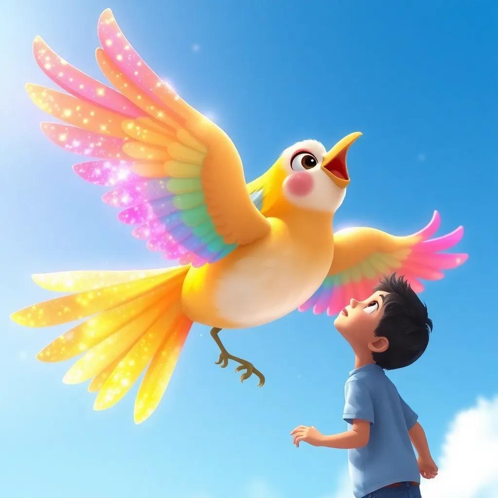 A beautiful magical bird flying in a bright blue sky, with colorful feathers sparkling like a rainbow, with Khaled looking up in amazement, illustration, fantasy, vibrant colors, child-friendly