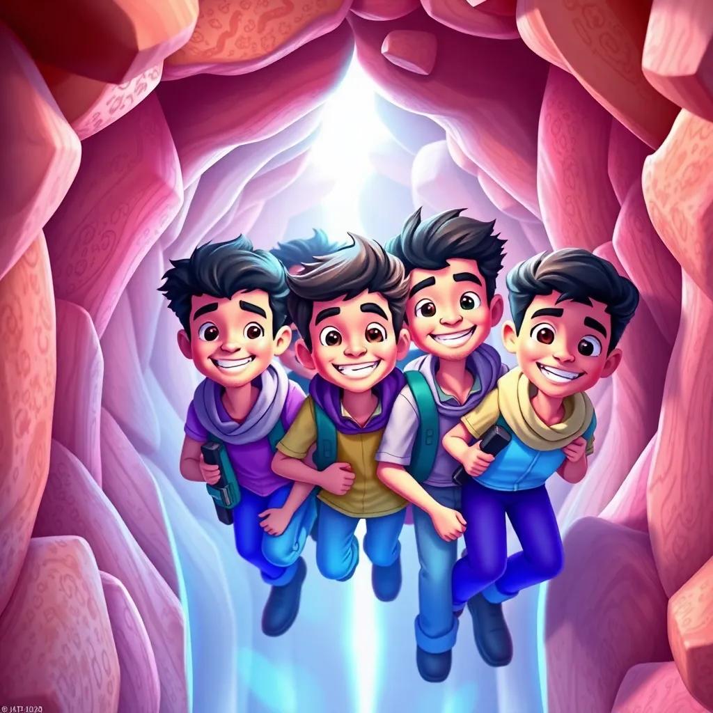 A group of young Arab boys, with bright smiles and casual clothes, embarking on an adventurous journey inside a human body, colorful digital art, vibrant colors, cheerful atmosphere, cartoonish style, high quality