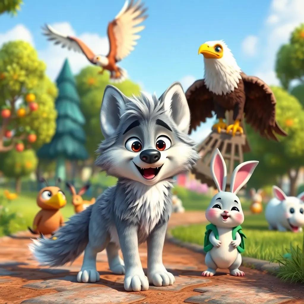 A lively animal park scene with Dudu, a playful wolf with fluffy gray fur and bright eyes, surrounded by his friends: a soaring eagle with magnificent wings and a small cheerful rabbit wearing a little backpack, portraying their excitement and adventure, colorful, cheerful atmosphere, whimsical art