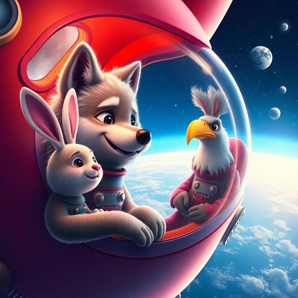 Dudu, the playful wolf with fluffy gray fur, transformed into a space companion, inside a colorful rocket ship with stars and planets visible through the windows. The rabbit and eagle are also in space suits, looking amazed at the beautiful view of Earth beneath them, fantasy art, vibrant colors, dreamy atmosphere