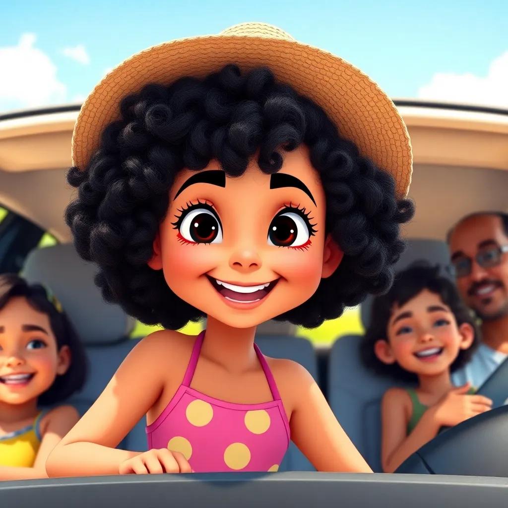 A young Arab girl, Ruwa, with curly black hair, wearing a bright swimsuit and a sun hat, smiling joyously in the car with her family on a sunny day, digital art, vibrant colors, cheerful atmosphere, high quality