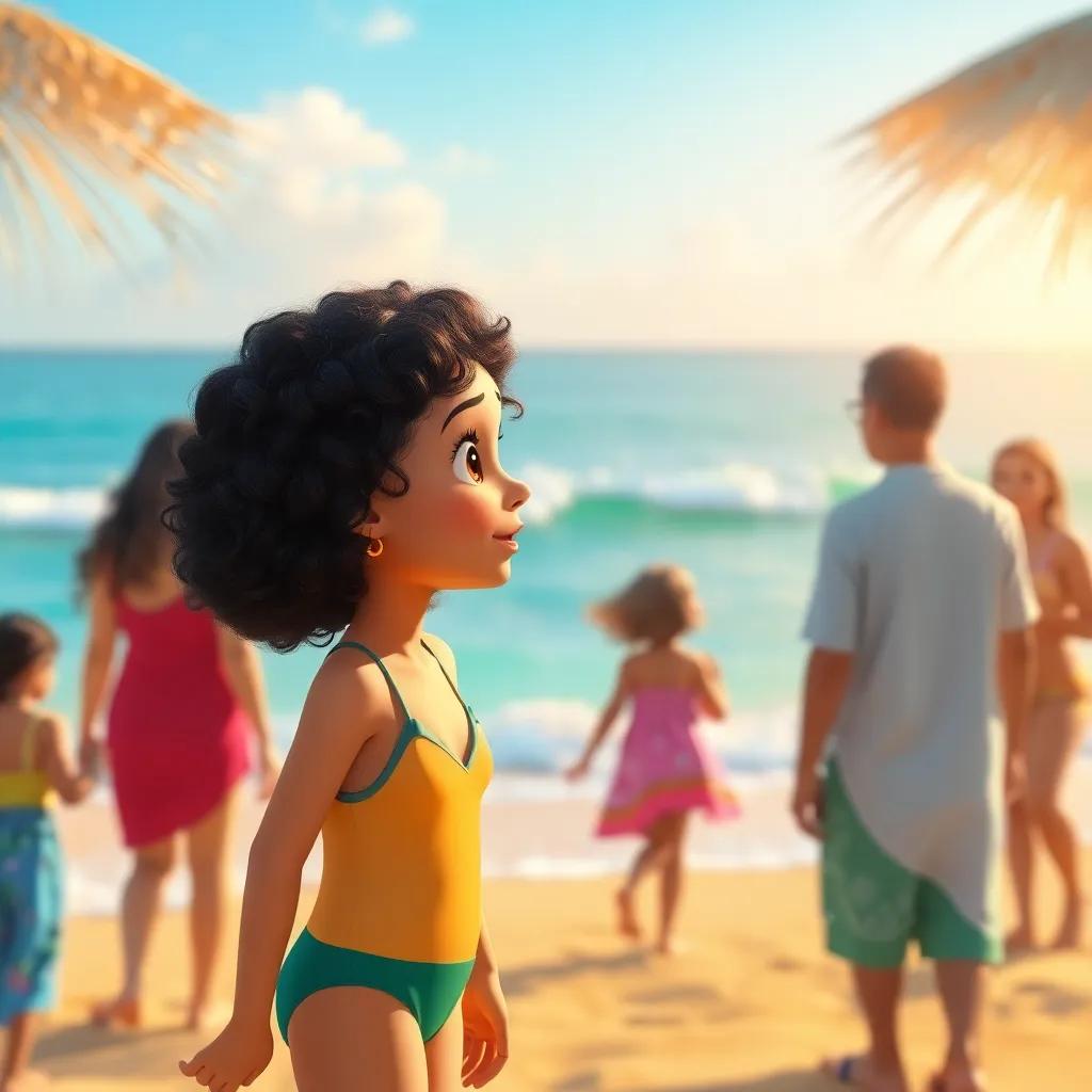 A beautiful beach scene with Ruwa, a young Arab girl with curly black hair, wearing a swimsuit, standing amazed at the turquoise waves and golden sand, surrounded by her family, warm light, bright colors, inviting view, digital illustration