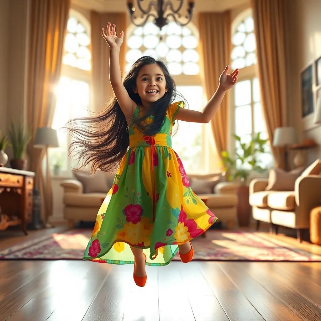 A young Arab girl, رؤى, with long, dark hair, wearing a colorful summer dress, jumping excitedly in a living room with warm sunlight streaming through the windows, vibrant and joyful atmosphere, digital art, cheerful colors, engaging perspective, high quality