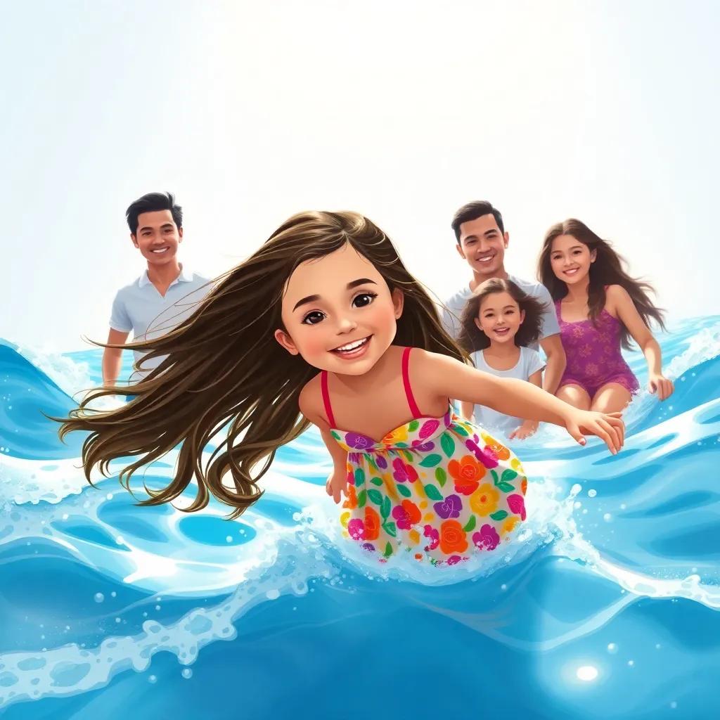A young Arab girl, رؤى, with long, dark hair, wearing a colorful summer dress, playing in the blue waves of the beach under the bright sun, surrounded by her family who are smiling and enjoying the day, illustration, fun and playful atmosphere, lively colors, immersive perspective, high quality