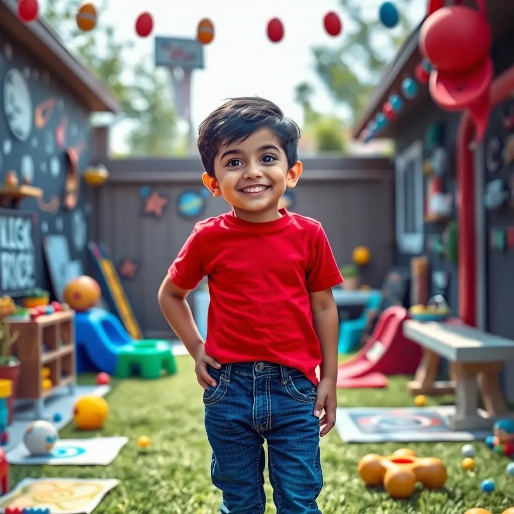 A young Arab boy, Raed, with short black hair, wearing a red t-shirt and blue jeans, standing in his backyard filled with space drawings and toys, looking excited, digital art, bright colors, playful atmosphere, cheerful