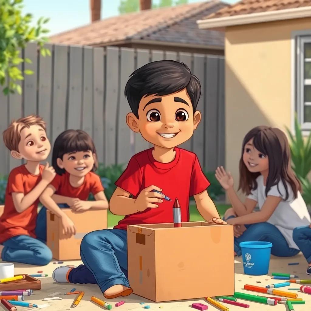 Raed, a young Arab boy, with short black hair wearing a red t-shirt and blue jeans, building a rocket from boxes with his friends around him, in a sunny backyard, colorful art supplies scattered, joyful energy, collaborative spirit, illustration