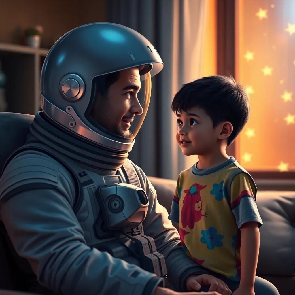 A father astronaut, in a space suit with a silver helmet, talking to his son, a young boy with short black hair, wearing a colorful t-shirt, in a cozy living room, glowing stars visible through the window, warm and inviting light, digital art, realistic style, child-friendly, high quality