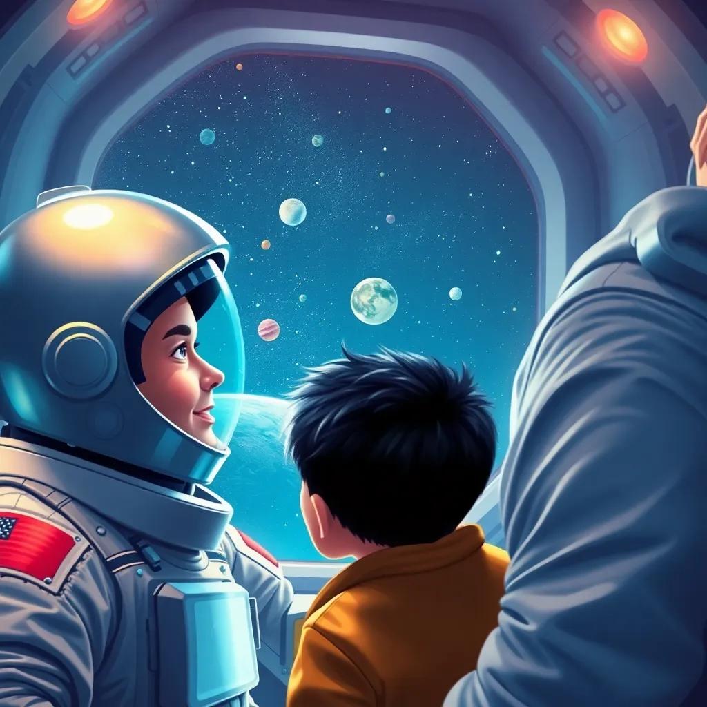 An astronaut father with a silver helmet, showing his son, a young boy with short black hair, a beautiful scene of stars and planets from the spaceship window, bright colors, magical atmosphere, digital painting, joyful and adventurous, high quality