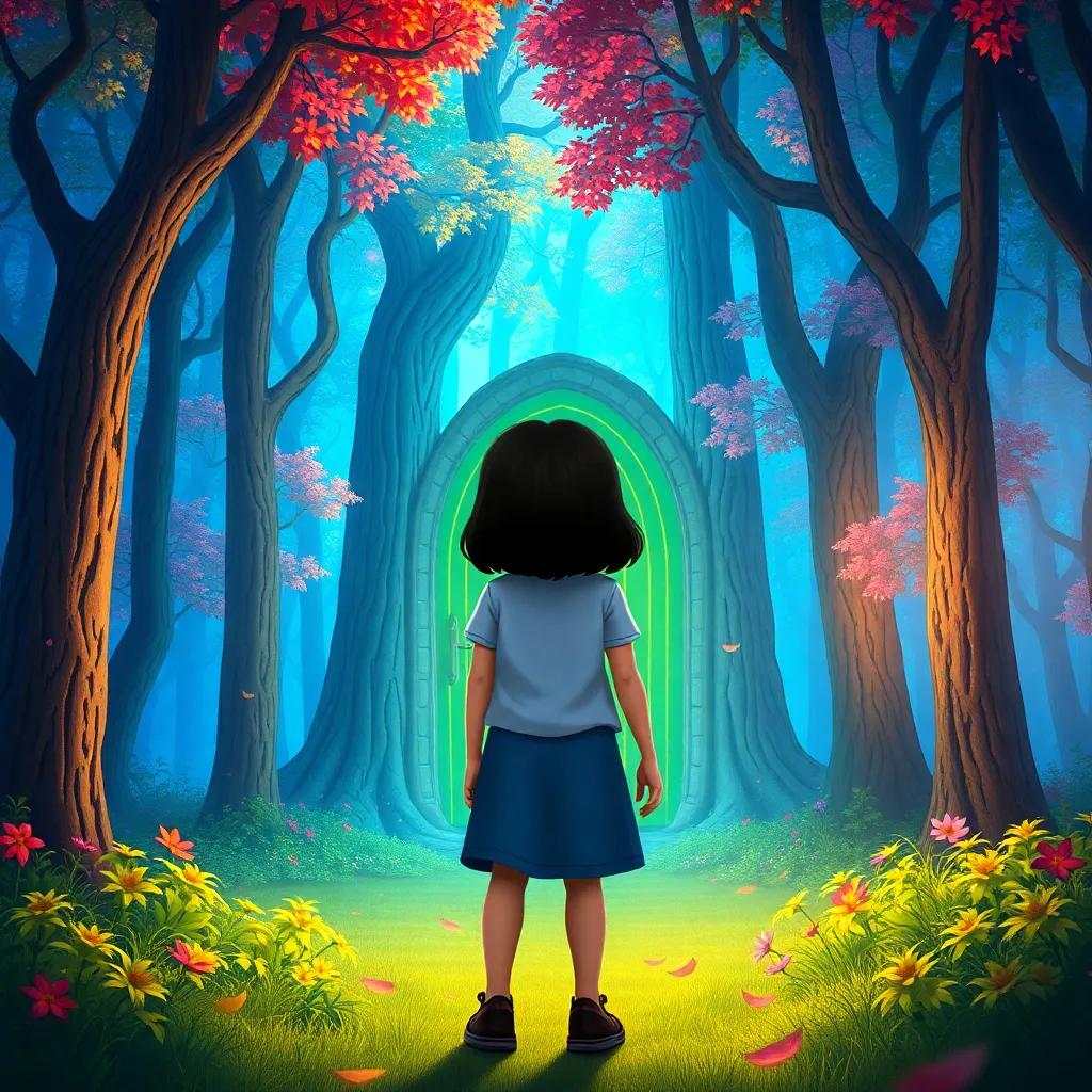 A teenage girl, Rami, standing in a magical forest with vibrant colors, discovering a glowing magical door among the trees, digital art, whimsical, enchanting atmosphere, high quality
