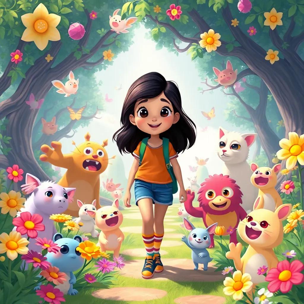 Rami, a teenage girl, entering a magical world filled with strange creatures and bright colors, surrounded by friendly animals and vibrant flowers, illustration, cheerful, wonder-filled setting, child-friendly