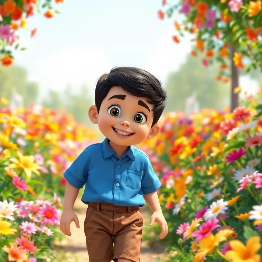 A young Arab boy, Rami, with short black hair, wearing a simple blue shirt and brown shorts, smiling while walking in a colorful garden filled with flowers, bright sunlight, cheerful atmosphere, child-friendly, vibrant colors, high quality