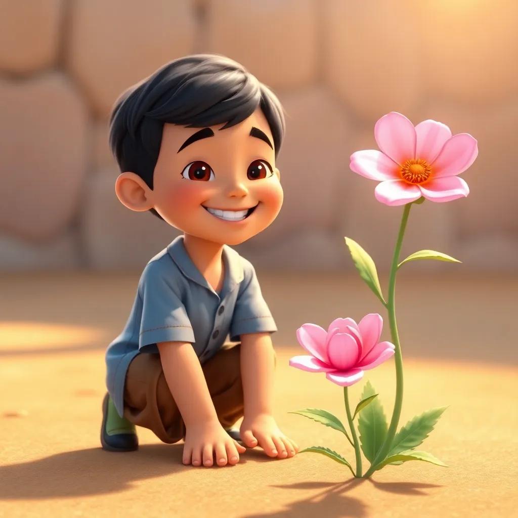 Rami, a young Arab boy with short black hair, wearing a simple blue shirt and brown shorts, kneeling beside a pink flower with a happy expression, the flower glowing in the sunlight, digital art, joyful, warm colors, child-friendly