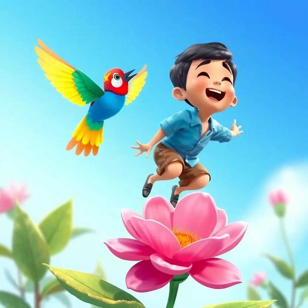 A colorful bird flying around Rami, a young Arab boy with short black hair in a blue shirt and brown shorts, singing happily above a pink flower, bright blue sky, cheerful feeling, digital painting, whimsical