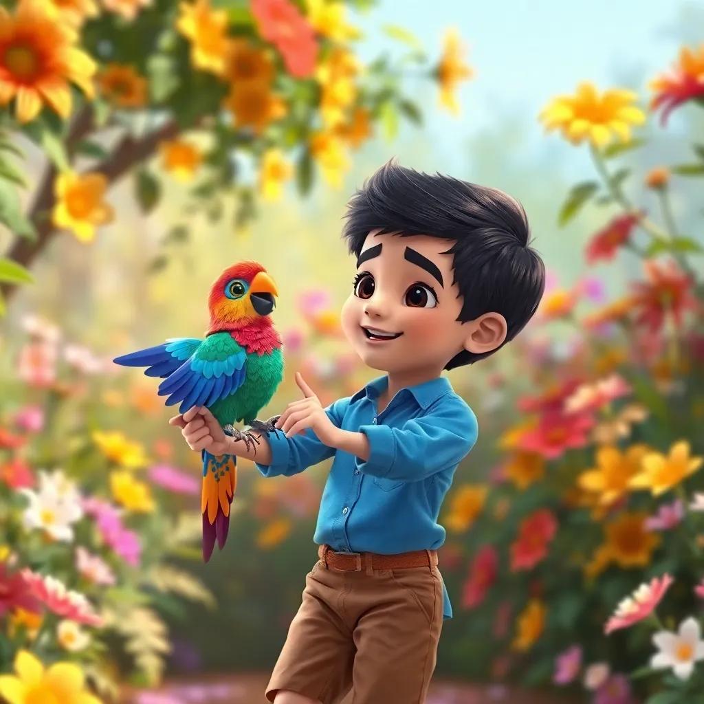 Rami, a young Arab boy with short black hair, in a blue shirt and brown shorts, dancing with a colorful bird in the garden, both surrounded by colorful flowers, bright light, fun atmosphere, illustration